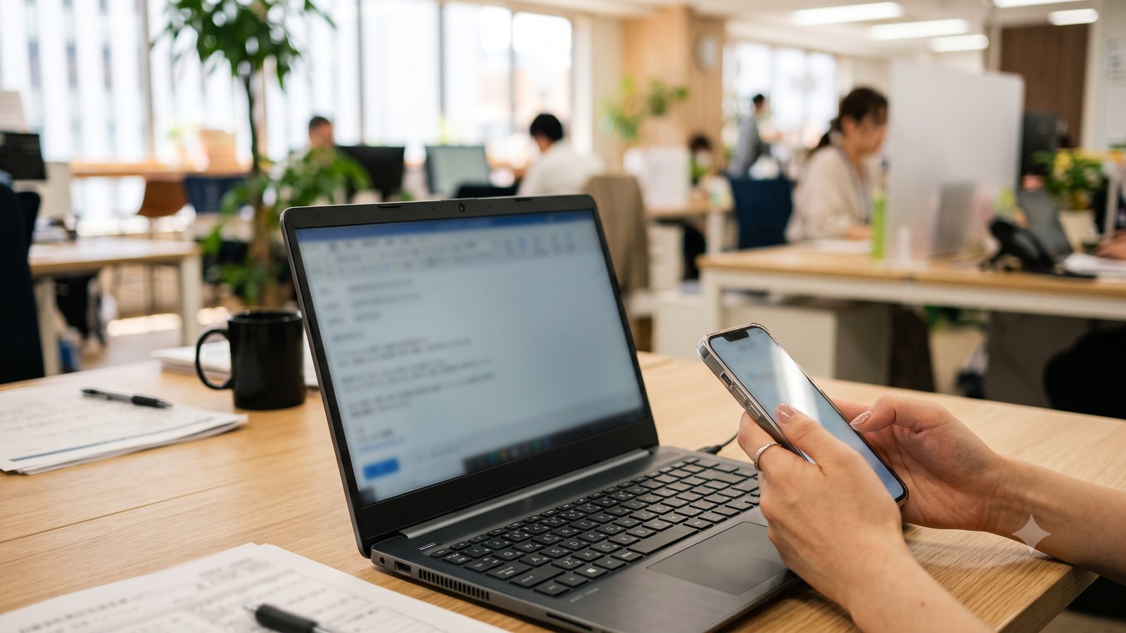 パソコンで作成されたメールの下書きを、スマートフォンで確認している様子
